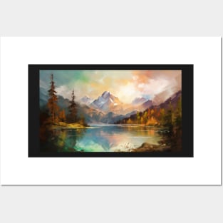 Majestic Peaks and Serene Lakes: A Vibrant Mountain Landscape Oil Painting #4 Posters and Art